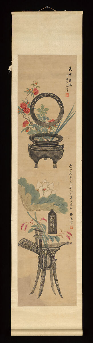 Rubbings and flowers, Zhang Xiong (Chinese, 1803–1886), Hanging scroll; ink and color on paper, China