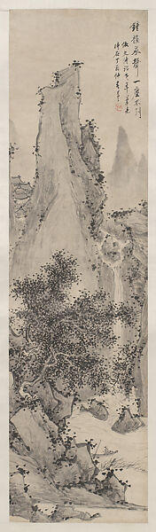 Listening to the Waterfall from a Moored Boat, in the manner of Wen Zhengming, Zhu Angzhi (Chinese, 1764–after 1841), Hanging scroll; ink on paper, China 
