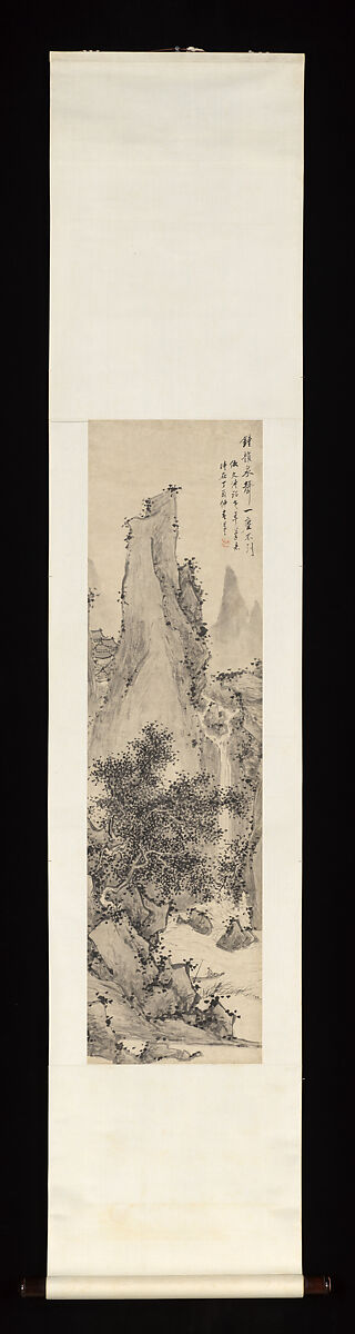 Listening to the waterfall from a moored boat, in the manner of Wen Zhengming, Zhu Angzhi (Chinese, 1764–after 1841), Hanging scroll; ink on paper, China