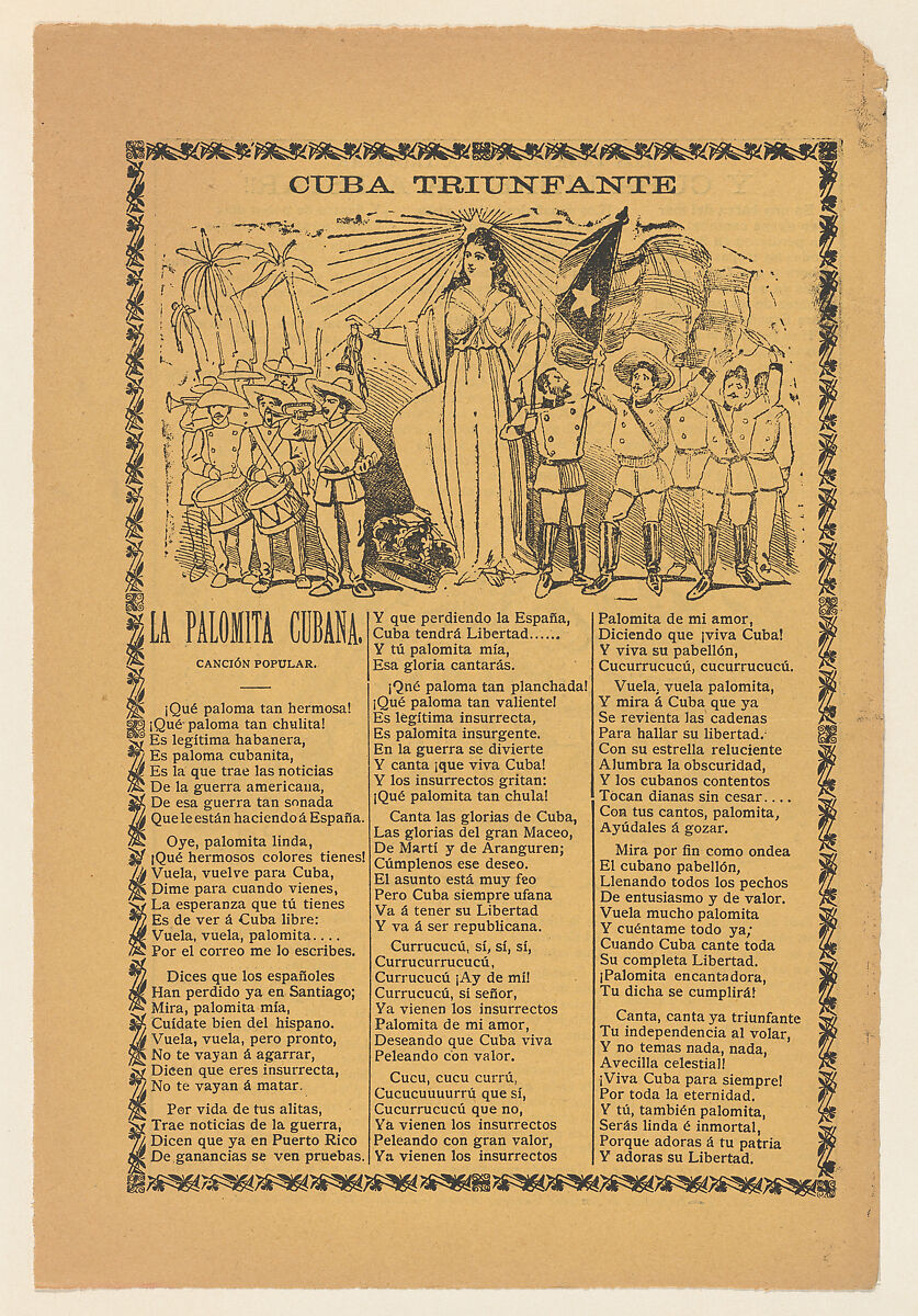 Broadside celebrating Cuba's victory over Spain in the Spanish American War, soldiers holding the Cuban flag and flanking the alleogorical figure of Cuba, José Guadalupe Posada (Mexican, Aguascalientes 1852–1913 Mexico City), Zincograph and letterpress on yellow paper 