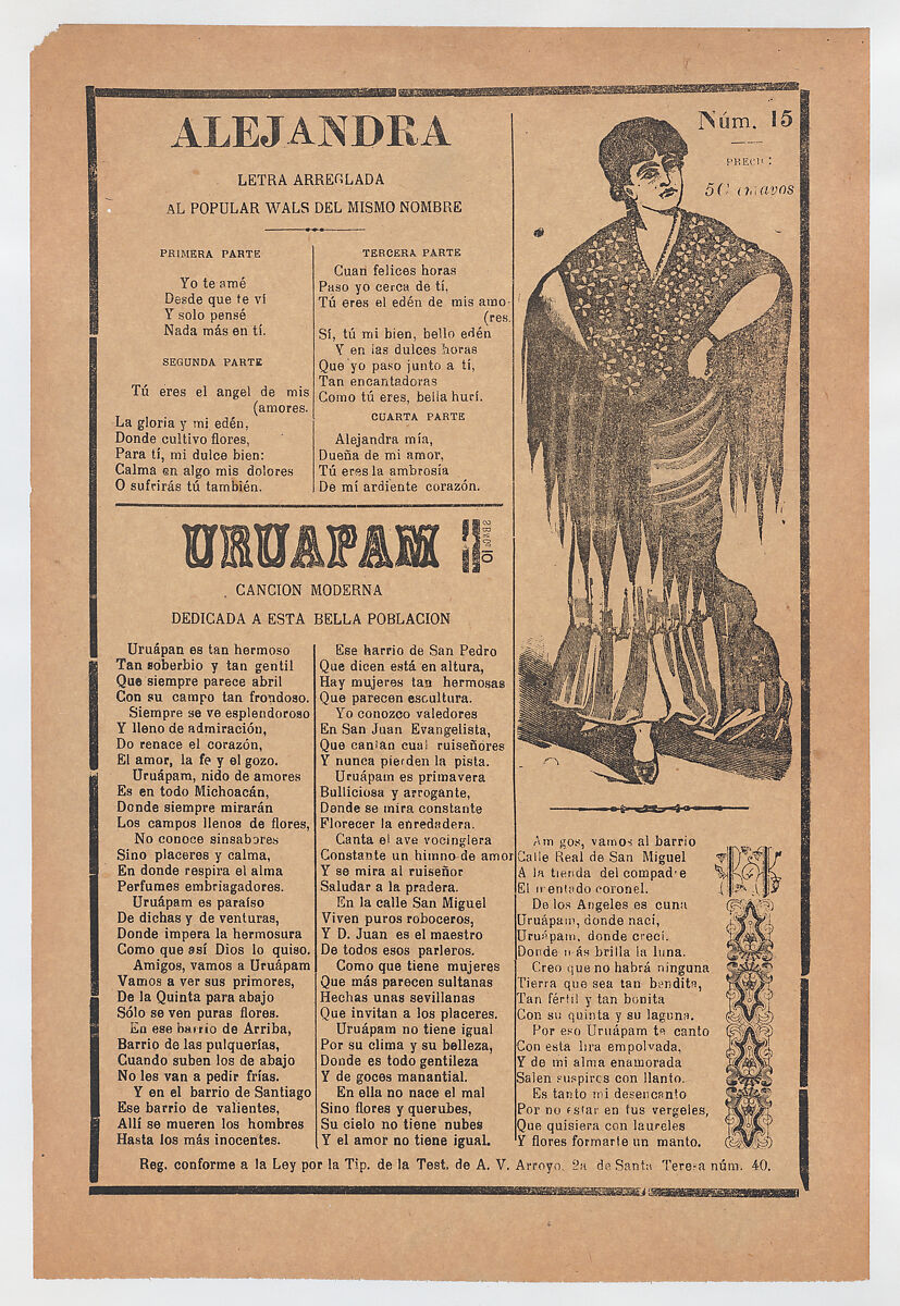 Broadsheet with two love ballads about desirable women, woman wearing a shawl and a skirt with her hands placed on her hips, José Guadalupe Posada (Mexican, Aguascalientes 1852–1913 Mexico City), Type-metal engraving and letterpress on tan paper 