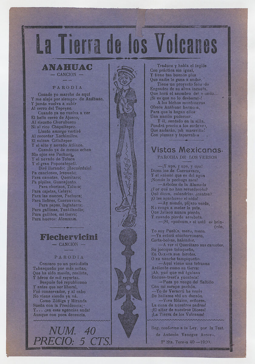 Broadsheet with comic ballads about Mexico, figure with long legs playing the guitar, José Guadalupe Posada (Mexican, Aguascalientes 1852–1913 Mexico City), Zincograph and letterpress on purple paper 