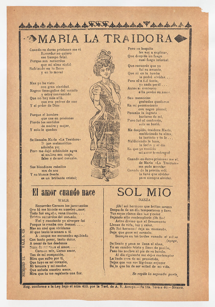 Broadsheet with three ballads about love, a woman wearing a dress and hat placing one hand to her chest and the other behind her back, José Guadalupe Posada (Mexican, Aguascalientes 1852–1913 Mexico City), Zincograph and letterpress on tan paper 