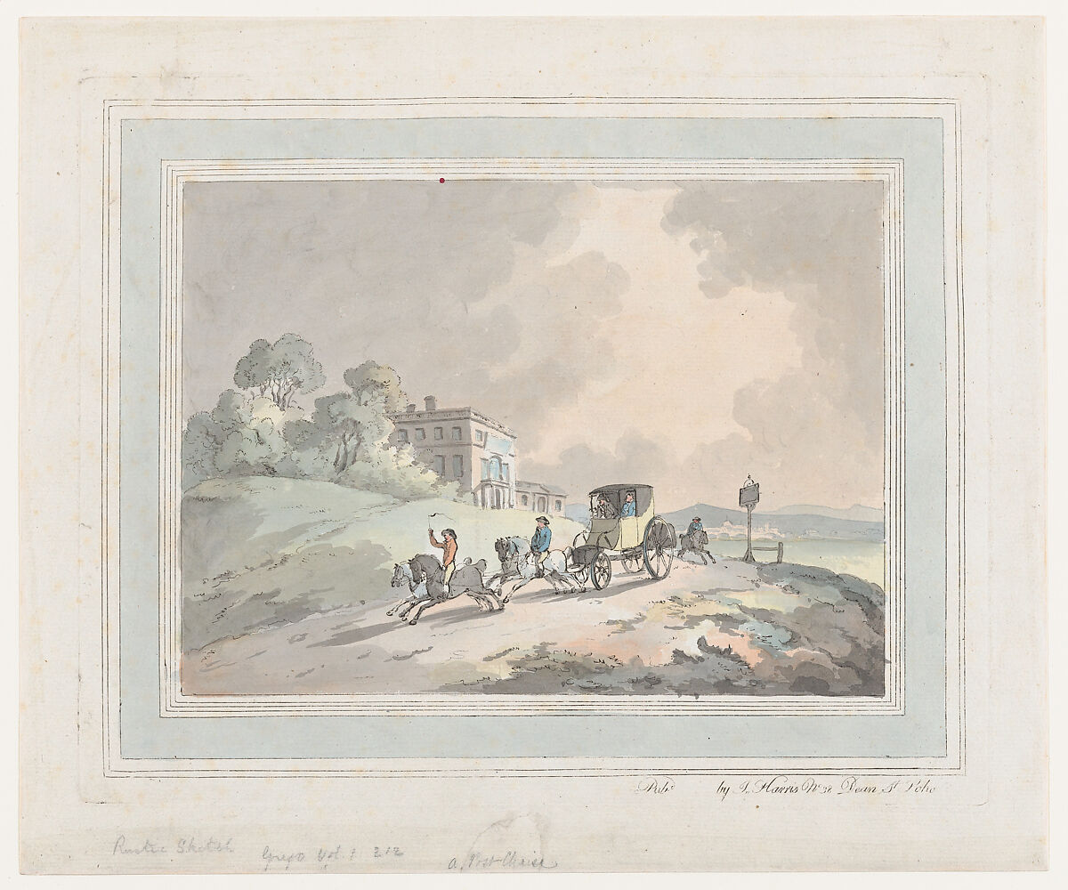 Rustic Sketch, or A Post Chaise (Travelling), Thomas Rowlandson (British, London 1757–1827 London), Hand-colored etching and aquatint 