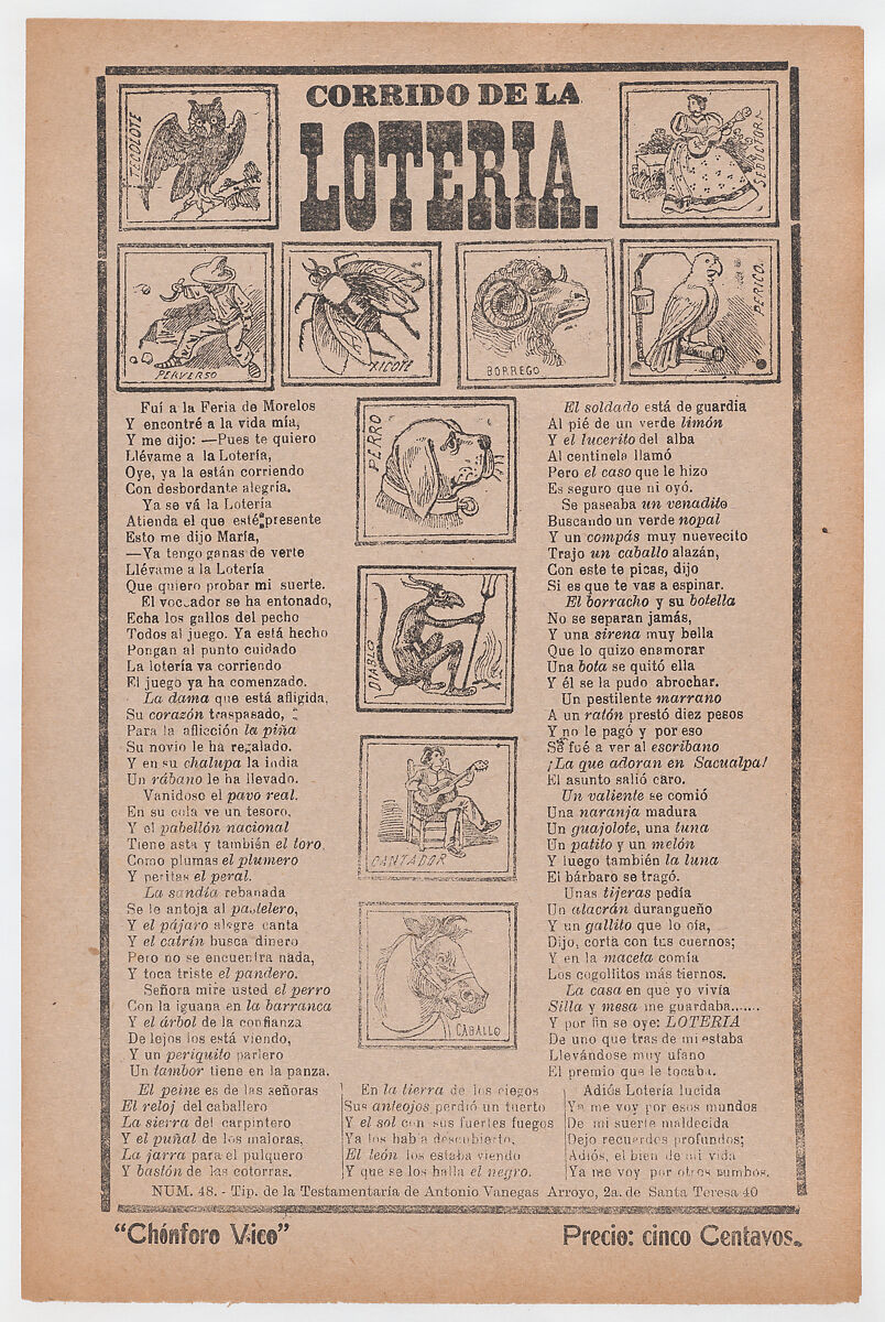 Broadsheet with a ballad about bingo, illustrations of different animals and people, José Guadalupe Posada (Mexican, Aguascalientes 1852–1913 Mexico City), Zincograph and letterpress on tan paper 