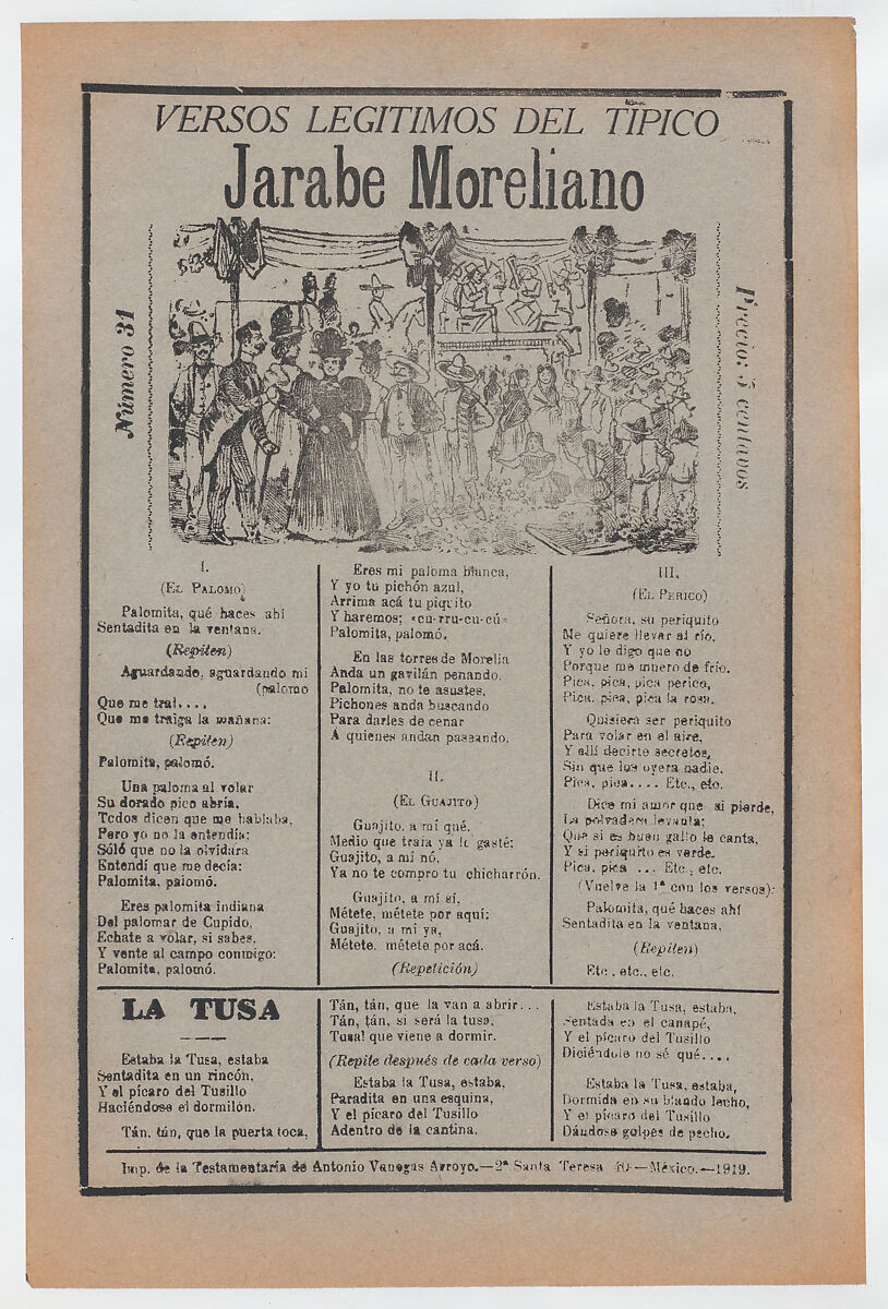 Broadsheet with songs for a Mexican courtship dance called the 'Jarabe Moreliano', a crowd of people and muscians, José Guadalupe Posada (Mexican, Aguascalientes 1852–1913 Mexico City), Zincograph and letterpress on blue paper 