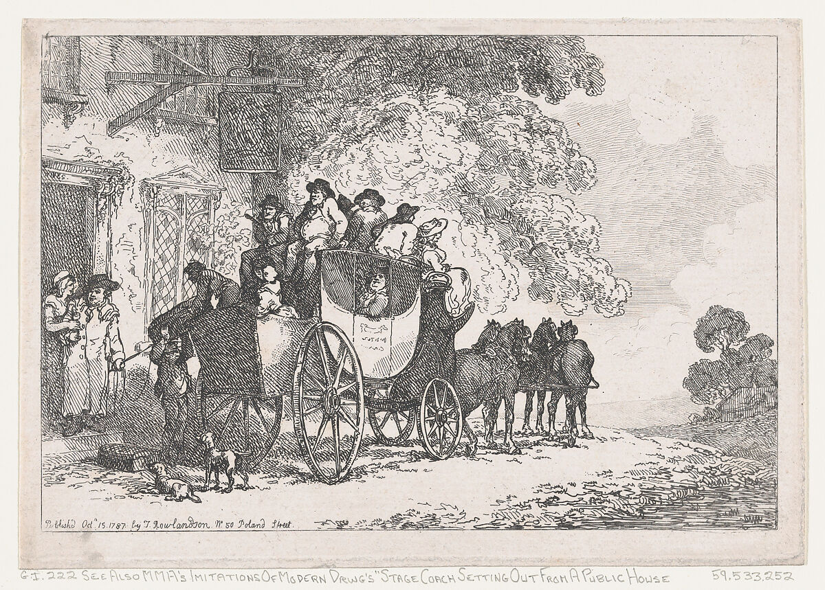 A Laden Stage Coach Outside a Post House, Thomas Rowlandson (British, London 1757–1827 London), Etching 