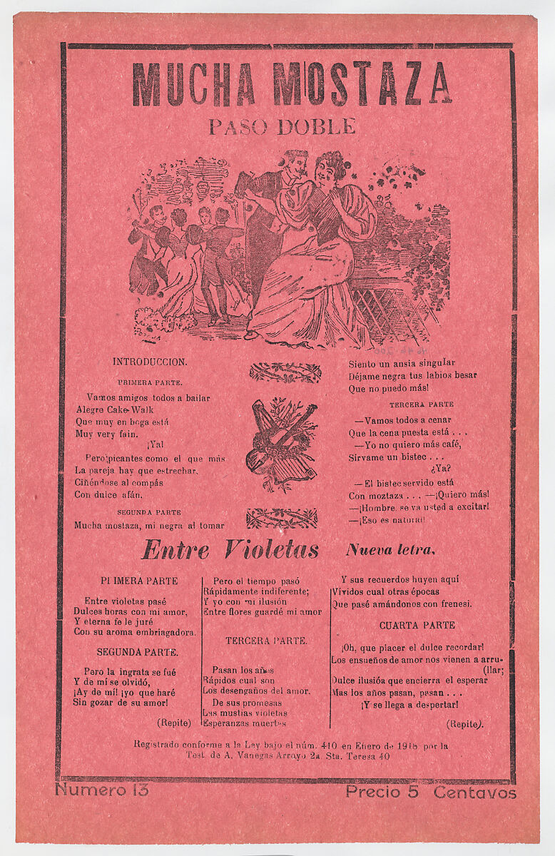 Broadsheet with songs for a two-step dance (paso doble), a man and woman talking while elegantly dressed couples dance in the background, José Guadalupe Posada (Mexican, Aguascalientes 1852–1913 Mexico City), Zincograph and letterpress on pink paper 