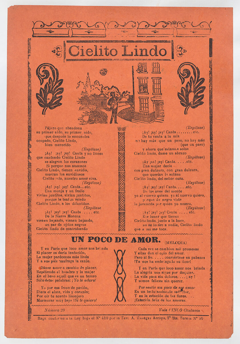 Broadsheet with love songs, man playing an instrument and singing outside of his lover's window, José Guadalupe Posada (Mexican, Aguascalientes 1852–1913 Mexico City), Zincograph and letterpress on orange paper 