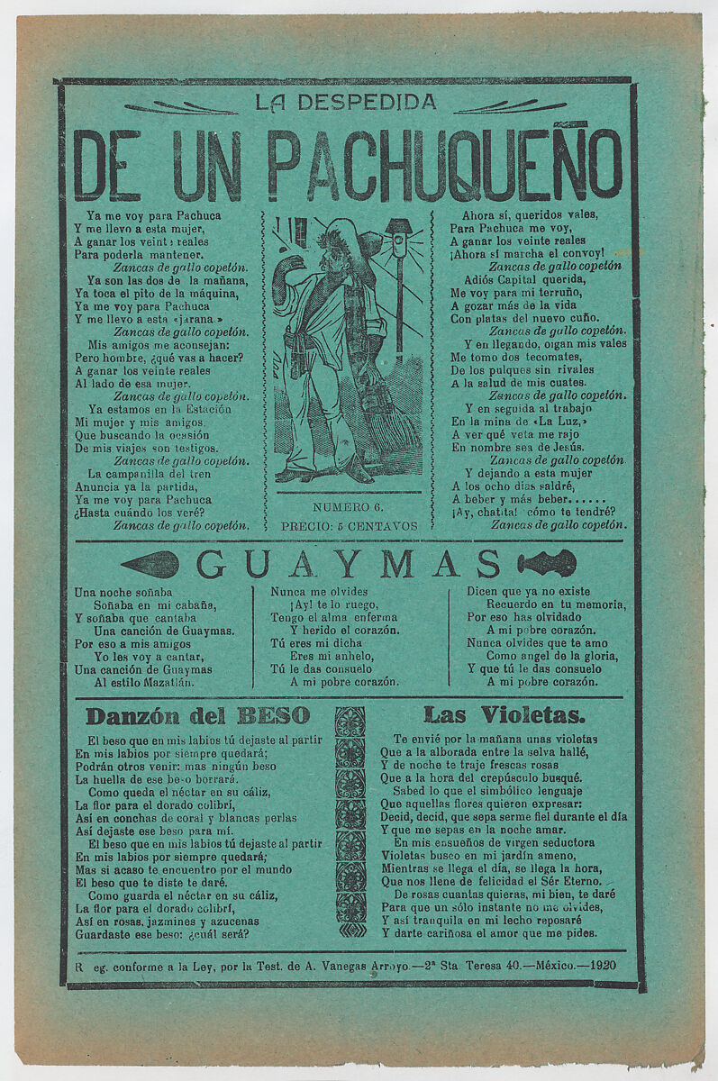 Broadsheet with love songs, man wearing a sarape standing in the street, José Guadalupe Posada (Mexican, Aguascalientes 1852–1913 Mexico City), Type-metal engraving and letterpress on green paper 
