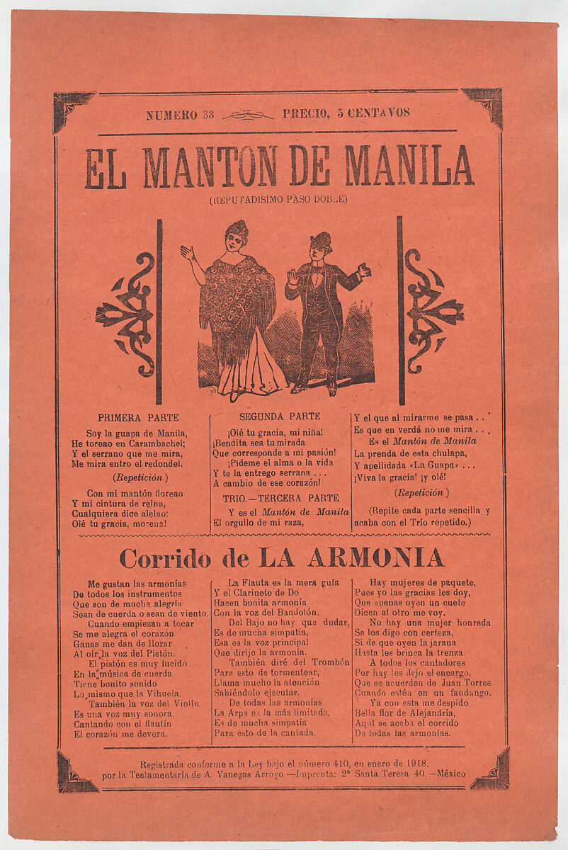 Broadsheet with songs for a two-step dance, a couple dancing, José Guadalupe Posada (Mexican, Aguascalientes 1852–1913 Mexico City), Type-metal engraving and letterpress on orange paper 