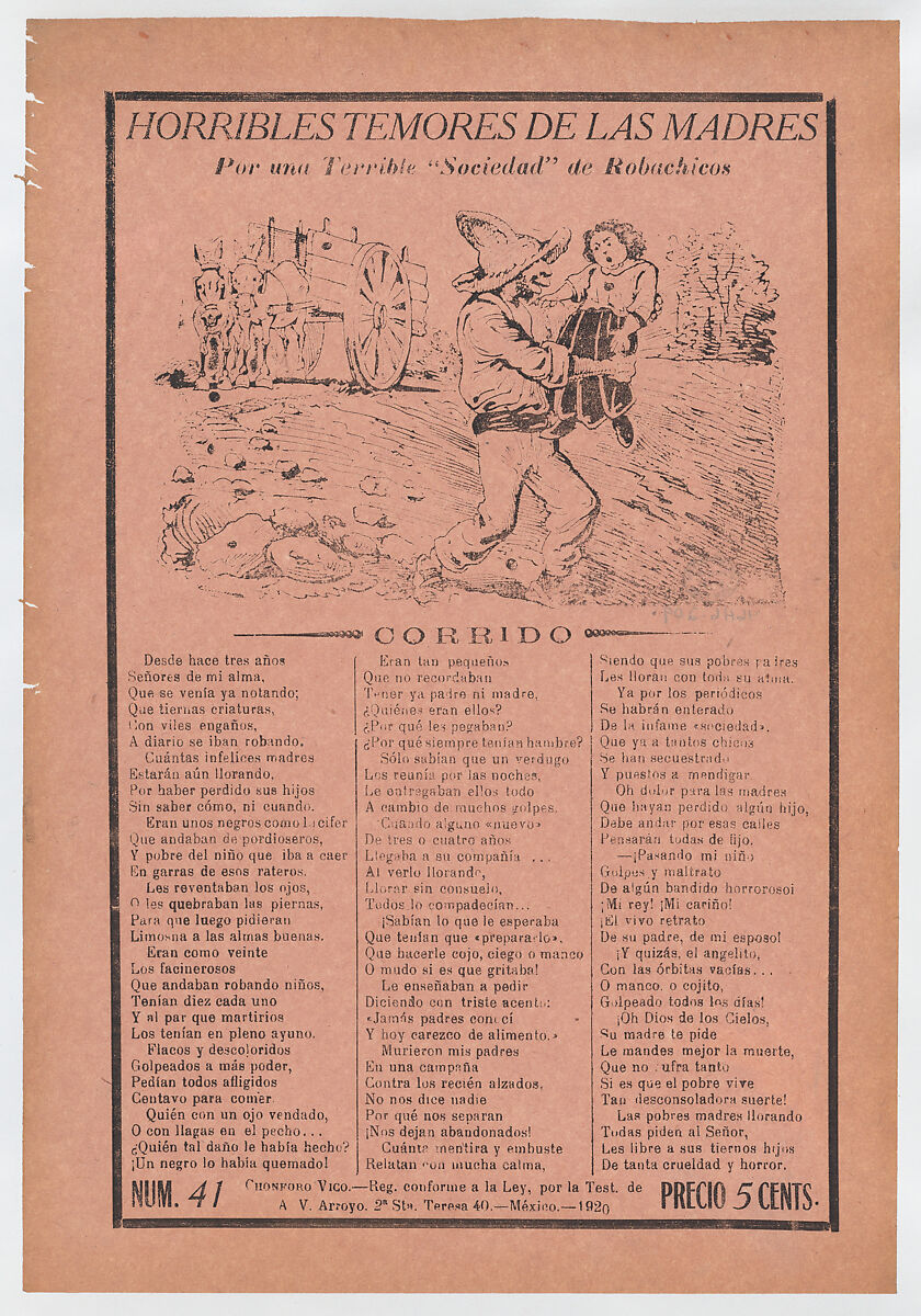 Broadsheet relating to a fear of kidnappers, a kidnapper grabbing a child in a field while a horse carriage waits in the background, José Guadalupe Posada (Mexican, Aguascalientes 1852–1913 Mexico City), Zincograph and letterpress on pale orange paper 