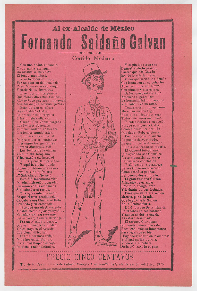 Broadsheet relating to the ex mayor of Mexico, Fernando Saldaña Galvan, who is standing in the center covered in holes, José Guadalupe Posada (Mexican, Aguascalientes 1852–1913 Mexico City), Zincograph and letterpress on pink paper 