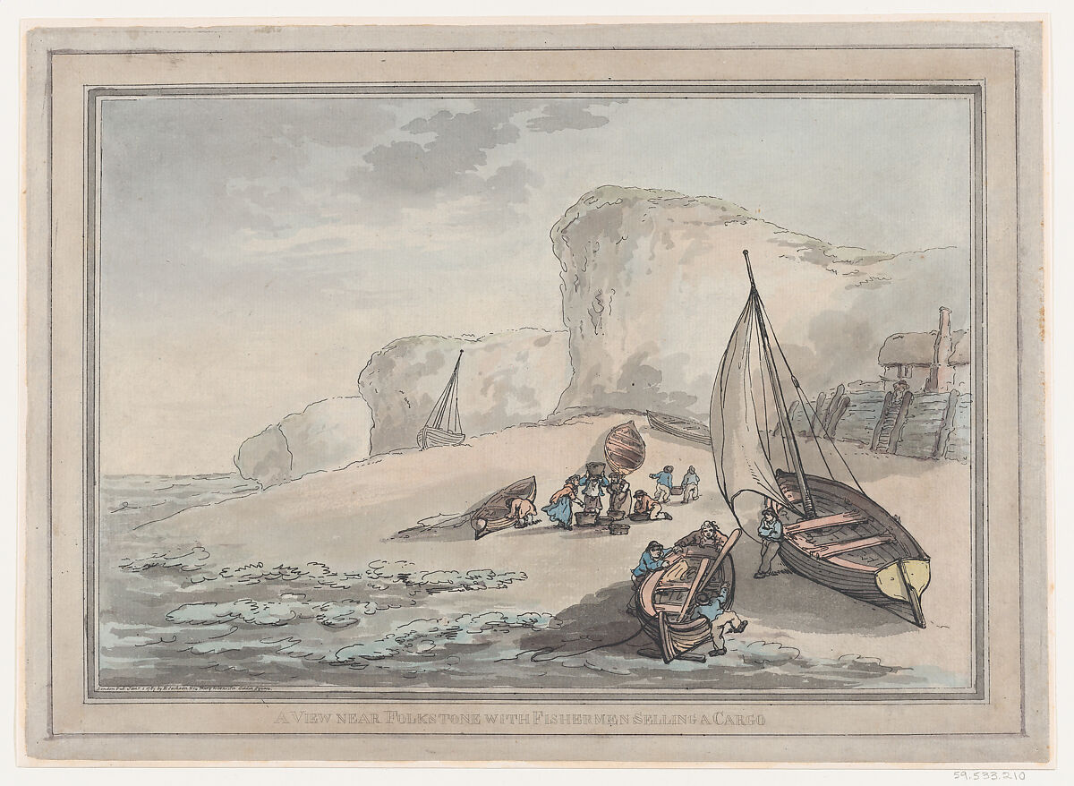 A View near Folkstone with Fishermen Selling a Cargo, Thomas Rowlandson (British, London 1757–1827 London), Etching and aquatint 