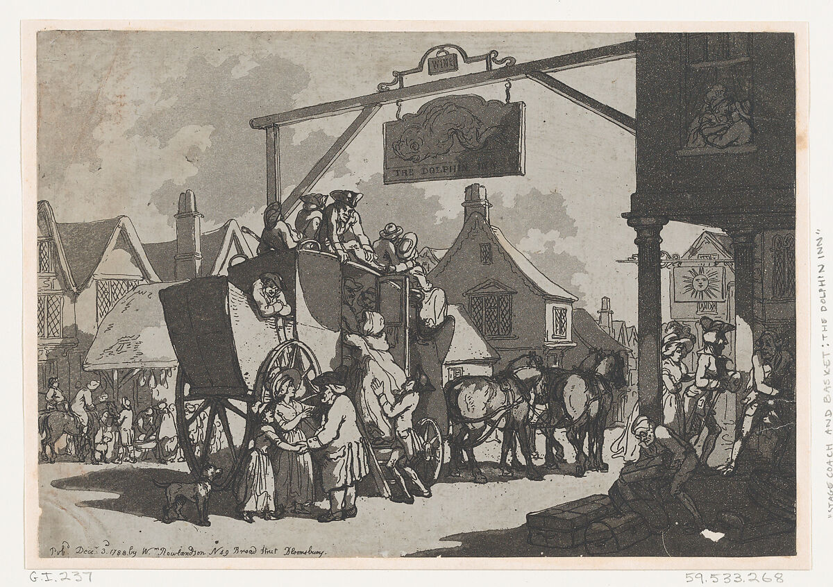 Stage Coach Setting Down at the Dolphin Inn, Thomas Rowlandson (British, London 1757–1827 London), Etching and aquatint 