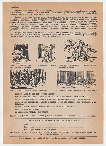 Broadsheet relating to a subscription for Taller de Grafica Popular's 'Hoja Popular Ilustrada' (revolutionary propaganda and news), figures distributing flyers in various locations, Alfredo Zalce (Mexican, Pátzcuaro, Michoacán 1908–2003 Morelia), Photo-relief and letterpress on tan paper 