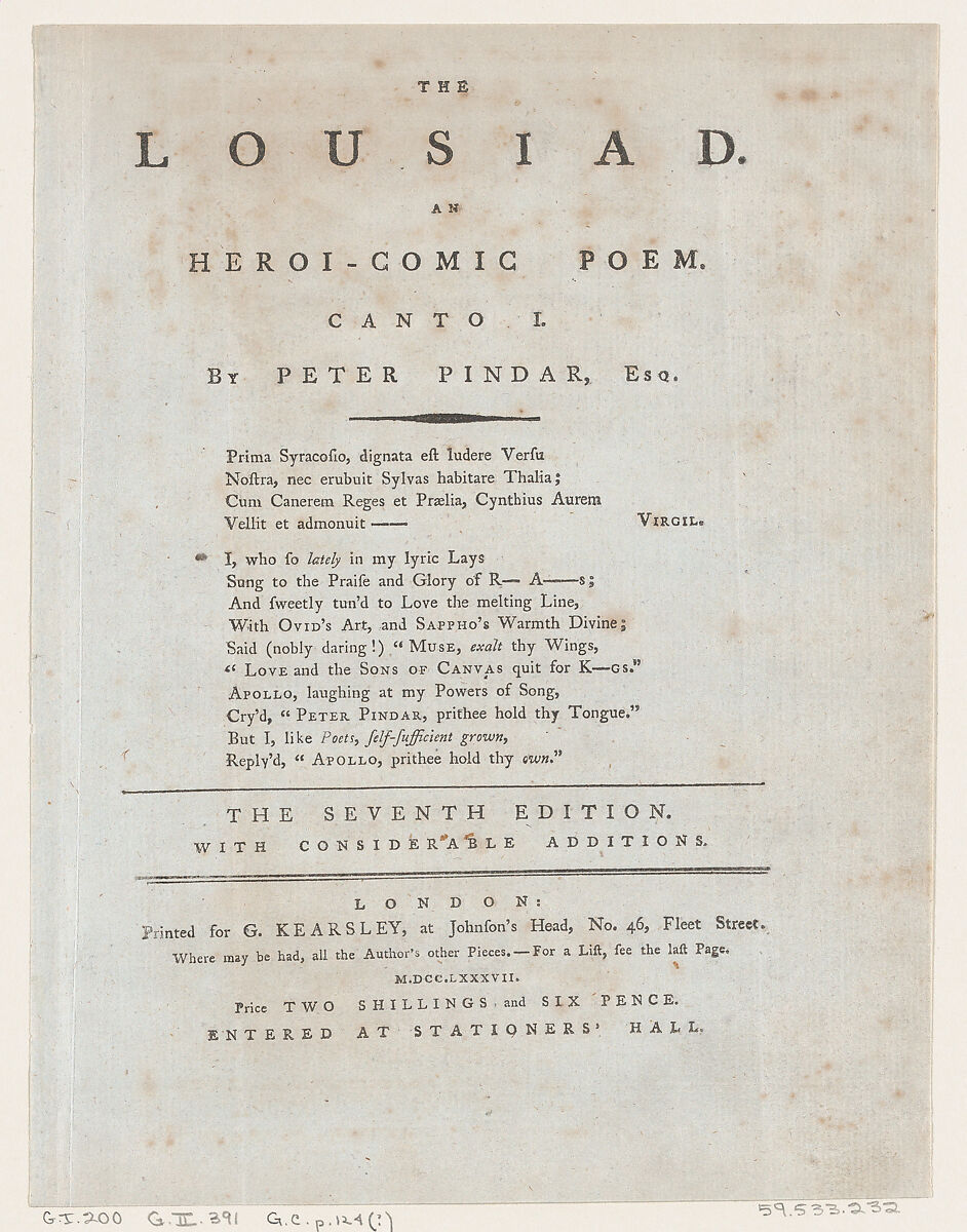 The Lousiad, Title Page, Thomas Rowlandson (British, London 1757–1827 London), Letterpress 
