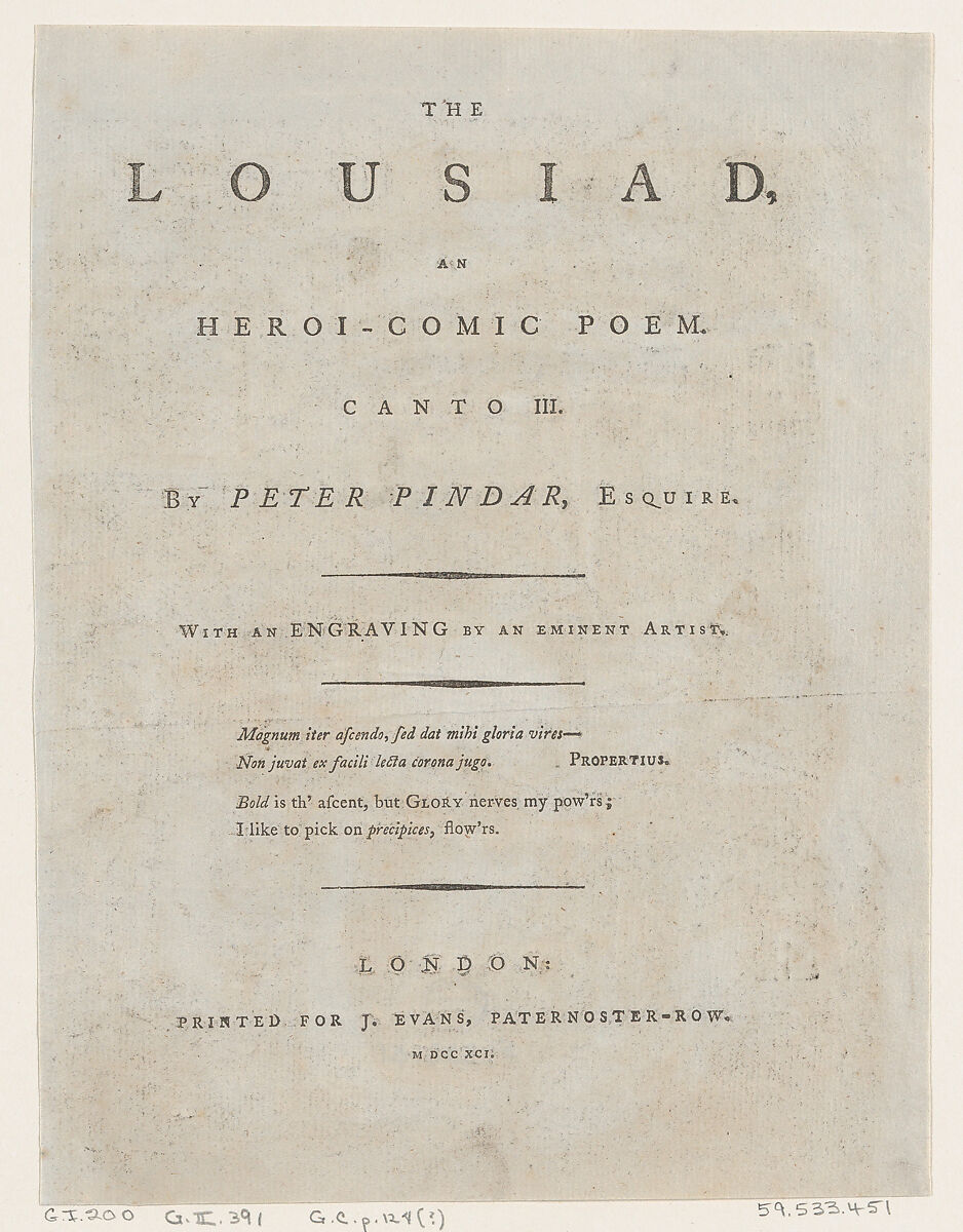 The Lousiad by Peter Pindar, Frontispiece, Thomas Rowlandson (British, London 1757–1827 London), Letterpress 