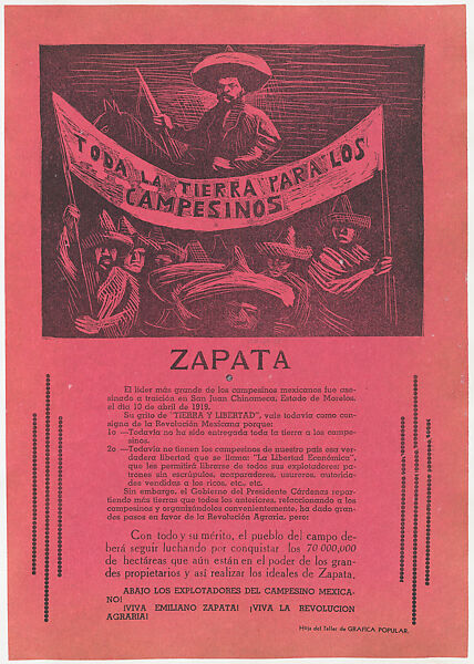 Flyer relating to the death of Emiliano Zapata and how to continue his fight; Zapata on horseback surrounded by farmers holding a banner, Anonymous, 20th century, Lithograph 