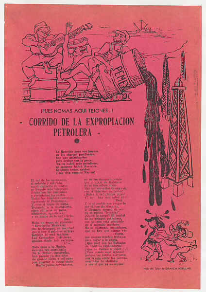 Broadsheet with a ballad about oil expropriation,  figures standing on a landing and spilling a barrel of oil onto figures below, Alfredo Zalce (Mexican, Pátzcuaro, Michoacán 1908–2003 Morelia), Lithograph and letterpress on pink paper 