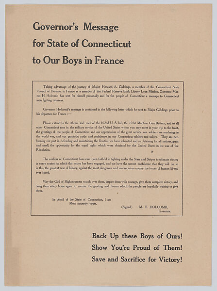 Governor's message for state of Connecticut to our boys in France, Anonymous, American, 20th century, Commercial lithograph 