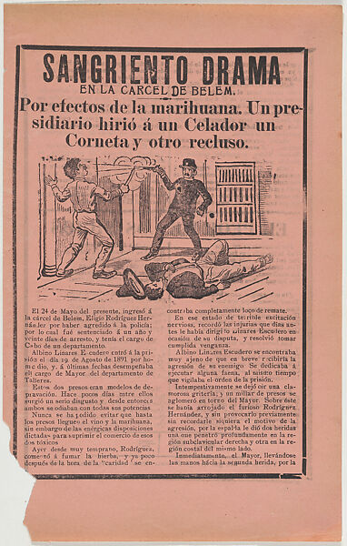 Flyer relating to a murder in a prison, the guard shooting a convict holding a knife, a wounded vitctim is on the ground, Anonymous, Mexican, Photo-relief and letterpress on pink paper 