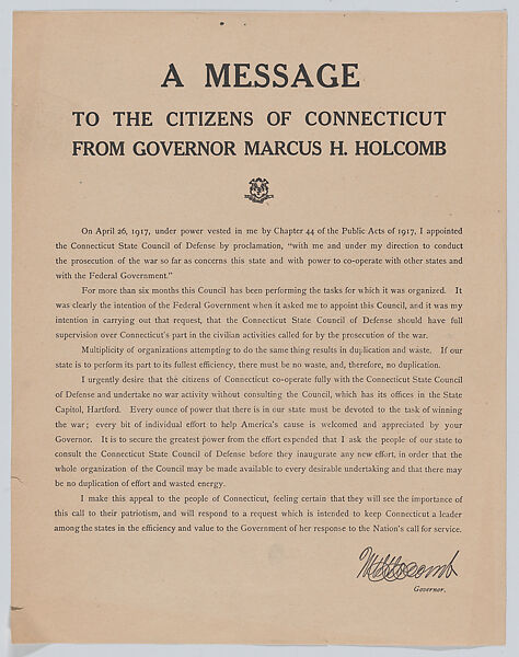 A message to the citizens of Connecticut from Governor Marcus H. Holcomb, Anonymous, American, 20th century, Commercial lithograph 