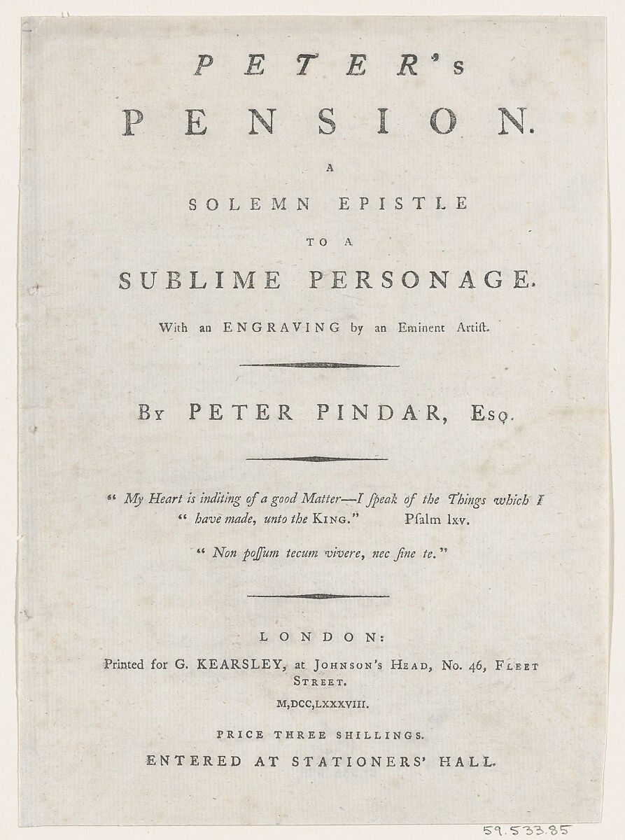 Title page, from Peter's Pension by Peter Pindar, Esq., George Kearsley (London), Engraving 
