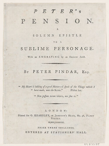 Title page, from Peter's Pension by Peter Pindar, Esq.