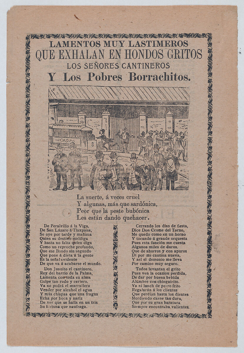 Broadsheet relating to men who frequent bars, different groups of men walking in the streets and one man running after a trolley car, José Guadalupe Posada (Mexican, Aguascalientes 1852–1913 Mexico City), Zincograph and letterpress on tan paper 