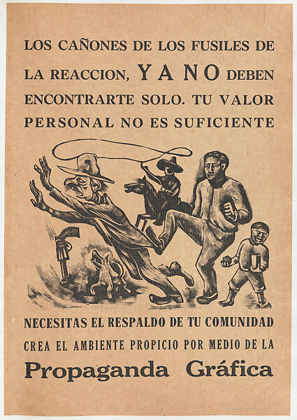 Flyer relating to unifying communities against the resistance, older farmworker being kicked to the ground by a younger man, José Chávez Morado (Mexican, 1909–2002), Photo-relief and letterpress on tan paper 