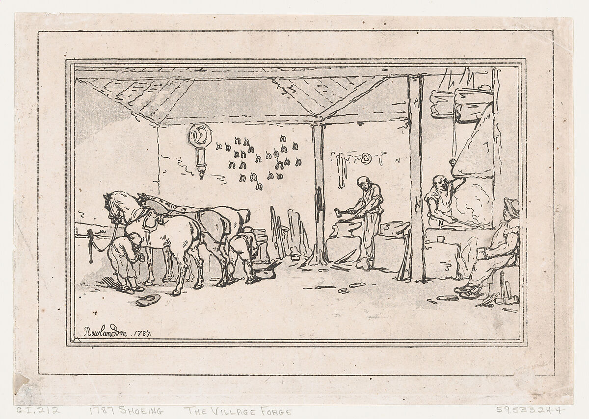 Shoeing: The Village Forge (A Farrier's Shop), Thomas Rowlandson (British, London 1757–1827 London), Etching and aquatint 