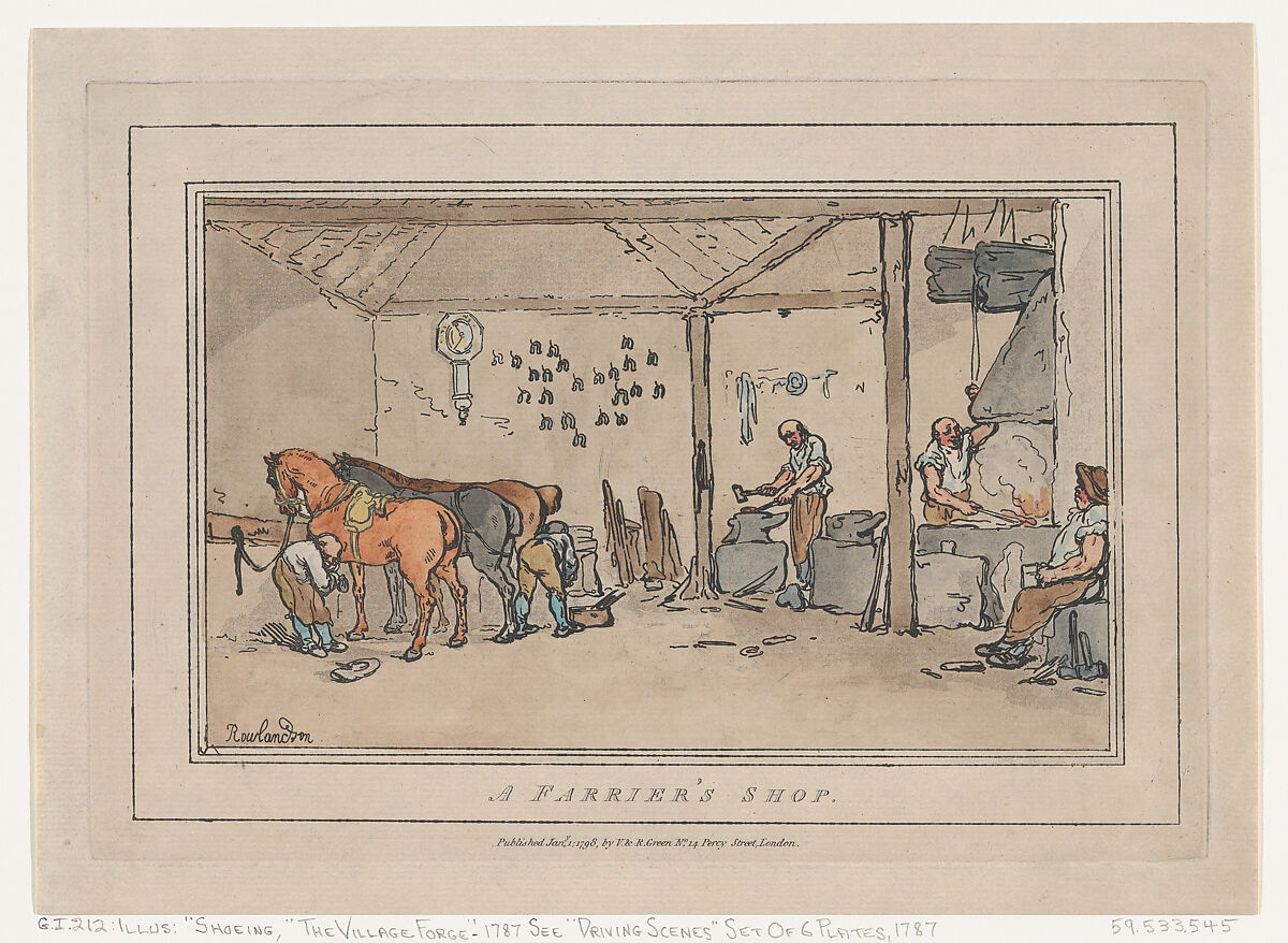 A Farrier's Shop, Thomas Rowlandson (British, London 1757–1827 London), Hand-colored etching and aquatint 