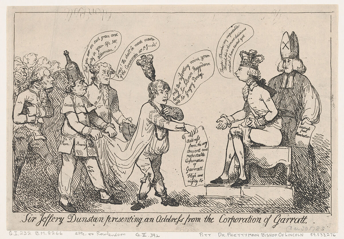 Sir Jeffery Dunstan Presenting an Address from the Corporation of Garratt, Thomas Rowlandson (British, London 1757–1827 London), Etching 