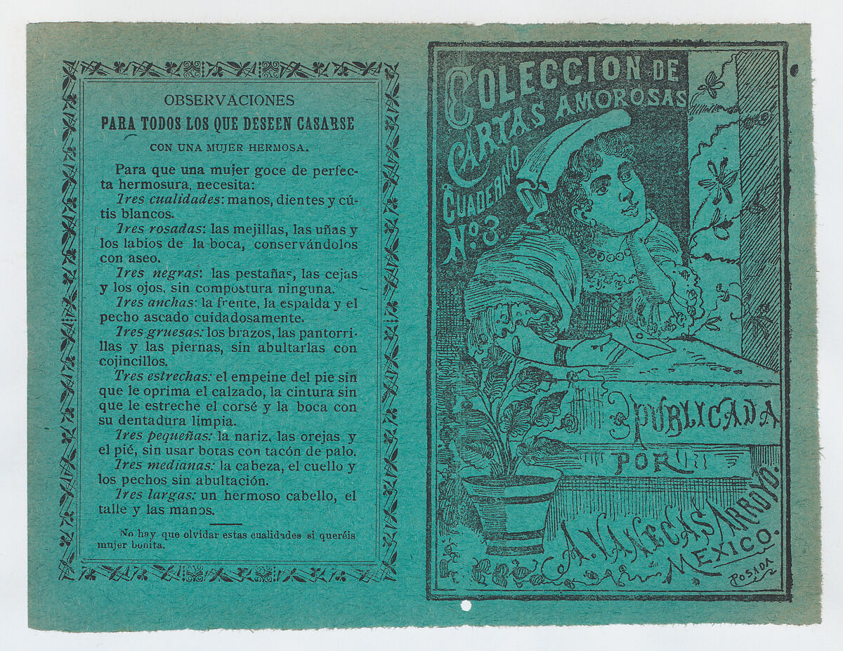 Cover for 'Coleccion de Cartas Amorosas Cuaderno No. 3', a young woman holding a letter and resting her head on her hand as she looks out a window, José Guadalupe Posada (Mexican, Aguascalientes 1852–1913 Mexico City), Zincograph and letterpress on green paper 