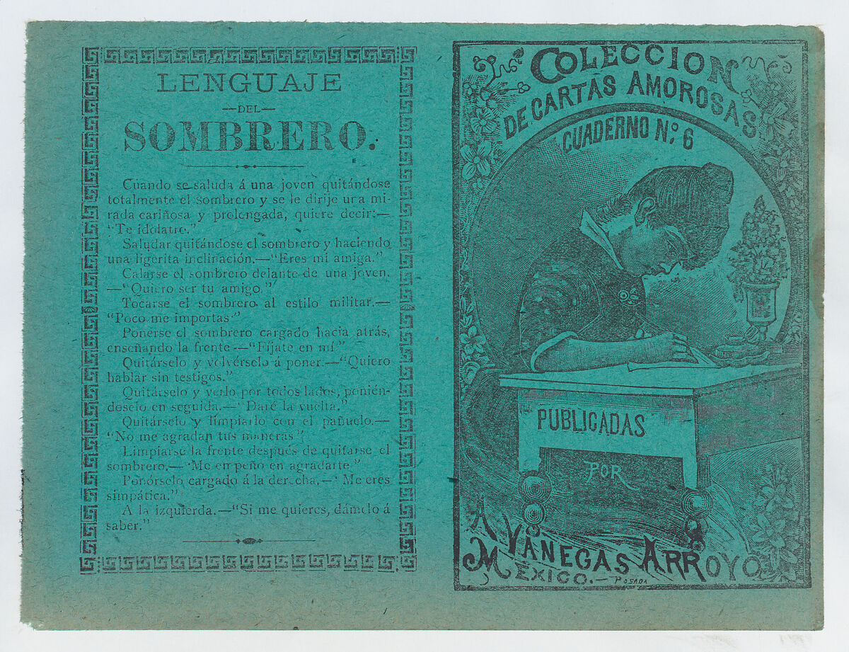 Cover for 'Coleccion de Cartas Amorosas Cuaderno No. 6', a young woman writing a letter at a desk, José Guadalupe Posada (Mexican, Aguascalientes 1852–1913 Mexico City), Type-metal engraving and letterpress on green paper 