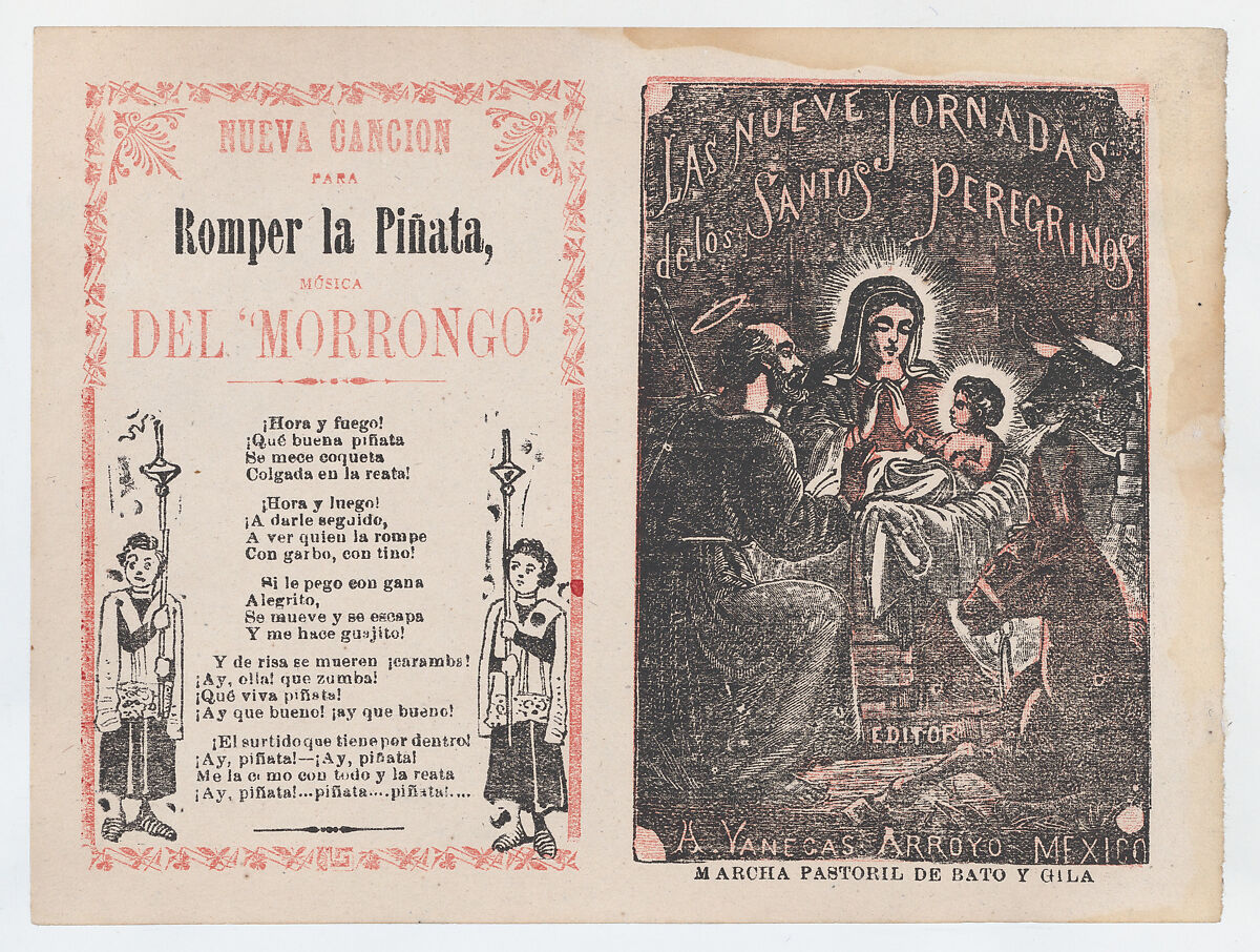 Cover for 'Las Nueve Jornadas de los Santos Peregrinos', Holy Family in the manger, José Guadalupe Posada (Mexican, Aguascalientes 1852–1913 Mexico City), Type-metal engraving and letterpress on beige paper 