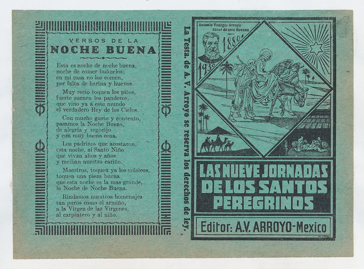 Cover for 'Las Nueves Jornadas de los Santos Peregrinos', Mary on horseback and Joseph being guided through Egypt by an angel, José Guadalupe Posada (Mexican, Aguascalientes 1852–1913 Mexico City), Type-metal engraving and letterpress on green paper 