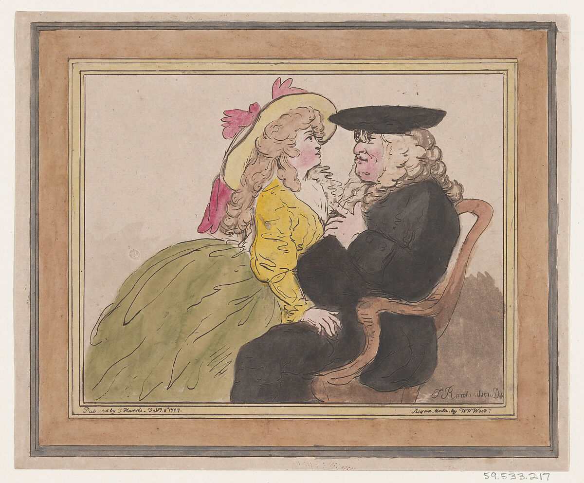 Lady on a Lawyer's Knee—Romance, Aquatint by William Henry Wood (British, 1785–92), Hand-colored etching and aquatint 