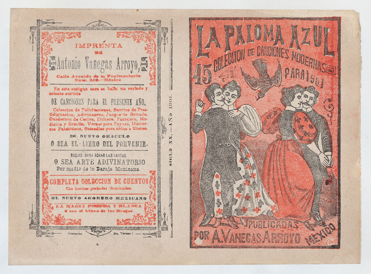 Cover for 'La Paloma Azul : Coleccion de Canciones Modernas Para 1901', two couples dancing while a dove flies in between them, José Guadalupe Posada (Mexican, Aguascalientes 1852–1913 Mexico City), Type-metal engraving and letterpress in red and black on tan paper 