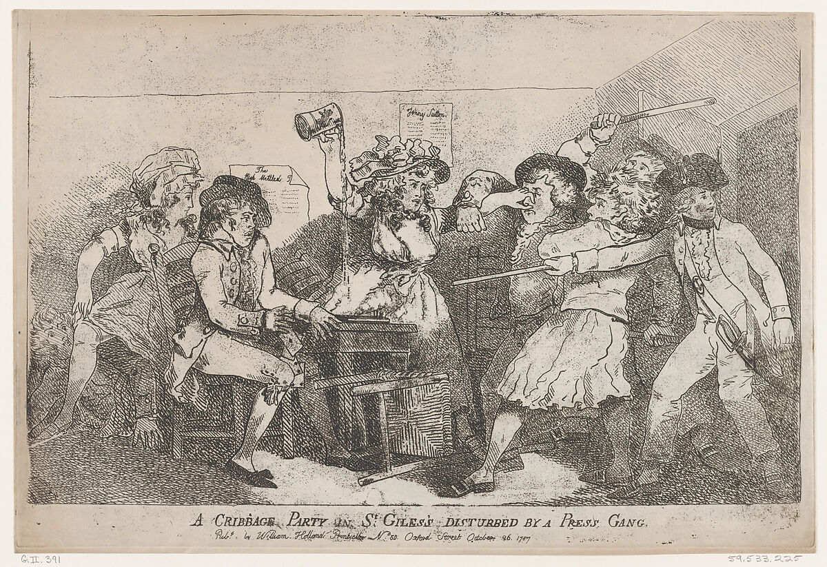 A Cribbage Party in St. Giles's Disturbed By A Press Gang, Thomas Rowlandson (British, London 1757–1827 London), Etching 