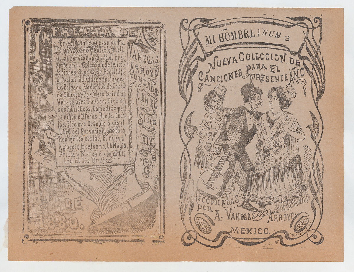 Cover for "Nueva Coleccion de Canciones para el Presente Año"; a man with a guitar placing his arm around a woman's shoulder while another woman watches them, José Guadalupe Posada (Mexican, Aguascalientes 1852–1913 Mexico City), Type-metal engraving and letterpress on tan paper 