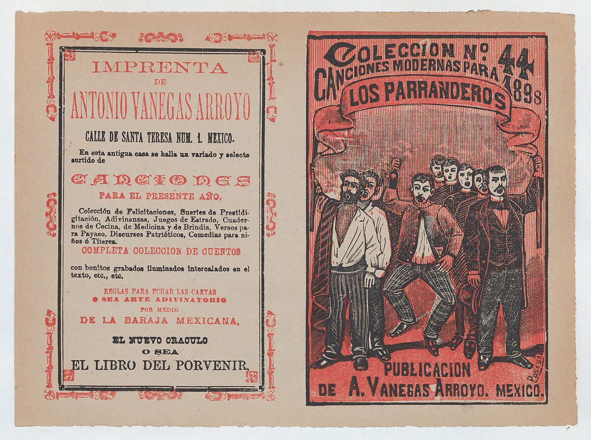 Cover for 'Canciones Modernas para 1898: Los Parranderos', group of men holding a banner and singing, José Guadalupe Posada (Mexican, Aguascalientes 1852–1913 Mexico City), Type-metal engraving  and letterpress printed in red and black on tan paper 