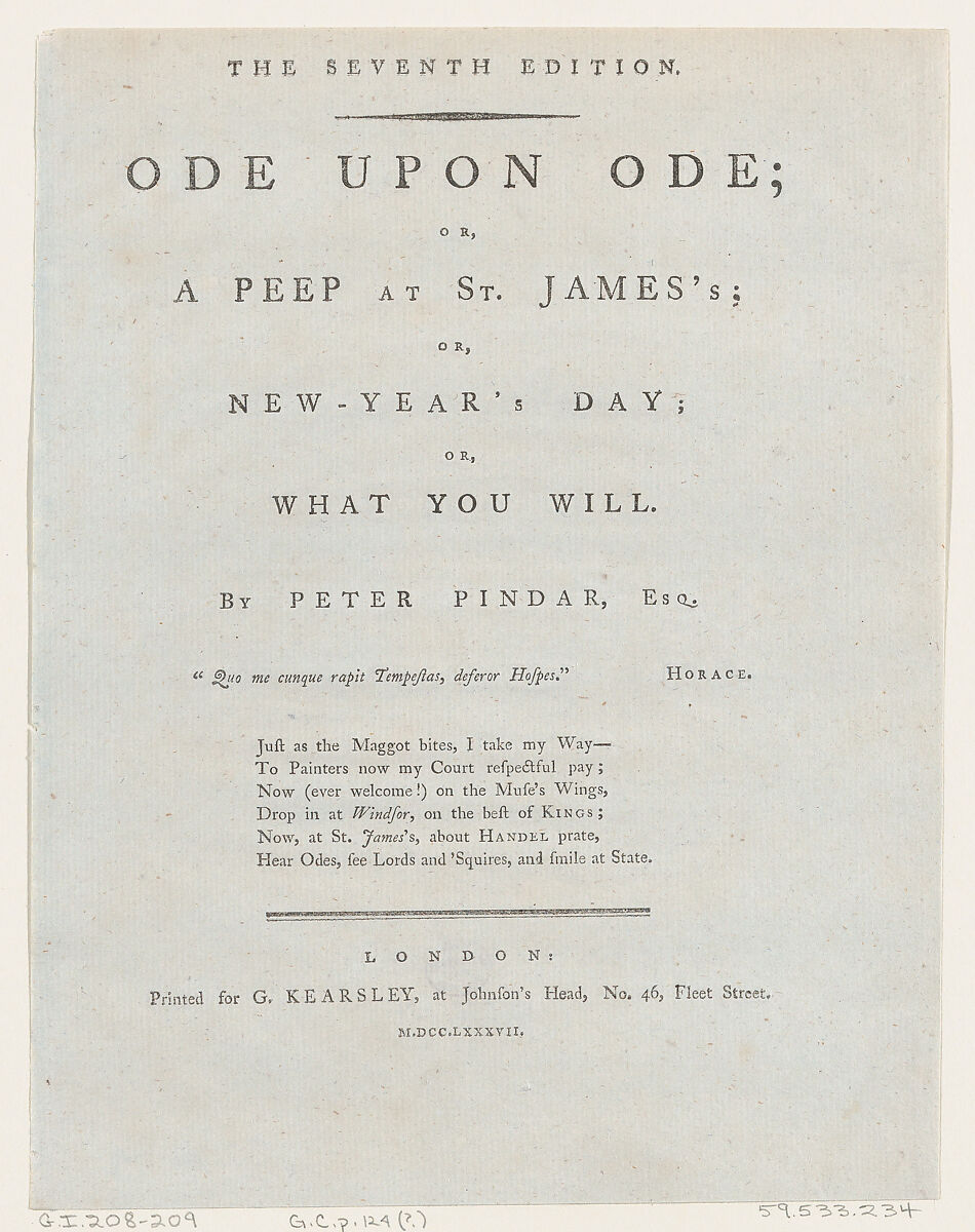 Title Page, from Ode Upon Ode by Peter Pindar, George Kearsley (London), Letterpress 