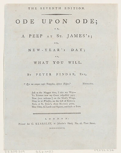 Title Page, from Ode Upon Ode by Peter Pindar