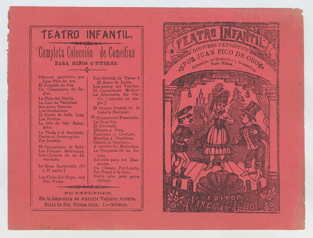 Cover for 'Coleccion de Comedias y Zarzuelitas para Niños', woman on stage flanked by two men, José Guadalupe Posada (Mexican, Aguascalientes 1852–1913 Mexico City), Type-metal engraving and letterpress on pink paper 