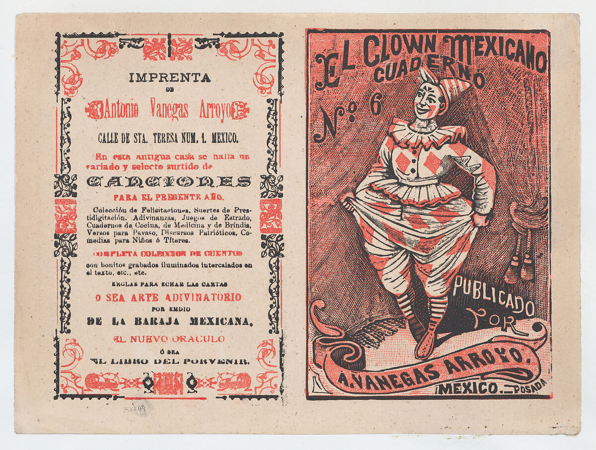 Cover for 'El Clown Mexicano: Cuaderno No. 6', a clown tugging at his pants, José Guadalupe Posada (Mexican, 1851–1913), Type-metal engraving and letterpress in orange and black ink on tan paper 