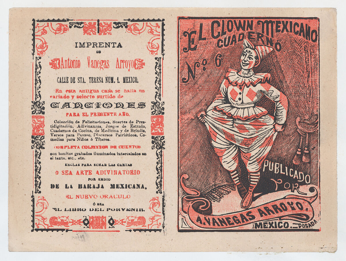 Cover for 'El Clown Mexicano: Cuaderno No. 6', a clown tugging at his pants, José Guadalupe Posada (Mexican, Aguascalientes 1852–1913 Mexico City), Type-metal engraving and letterpress in orange and black ink on tan paper 