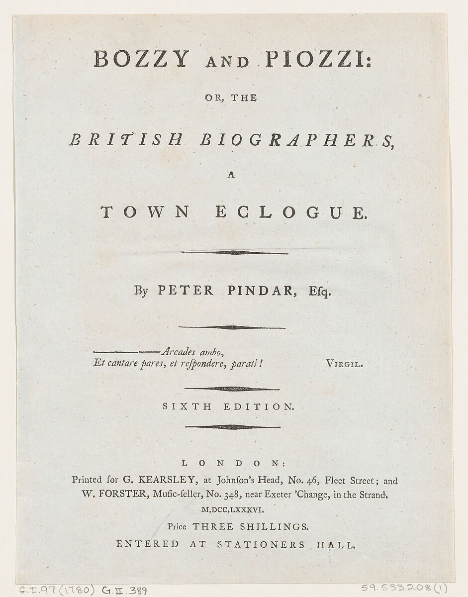 Title Page, from Bozzy and Piozzi by Peter Pindar, Esq., George Kearsley (London), Engraving 