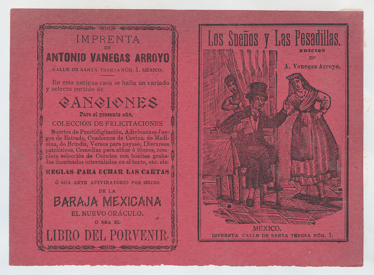 Cover for 'Los Sueños y Las Pesadillas', a man and woman arguing while another figure peers out from behind a curtain, José Guadalupe Posada (Mexican, Aguascalientes 1852–1913 Mexico City), Type-metal engraving and letterpress on pink paper 